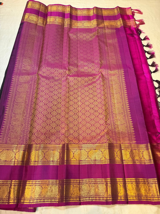 Magenta border with dense gold zari panels on dark charcoal zari kattam Kanchipuram silk saree — Idam Living