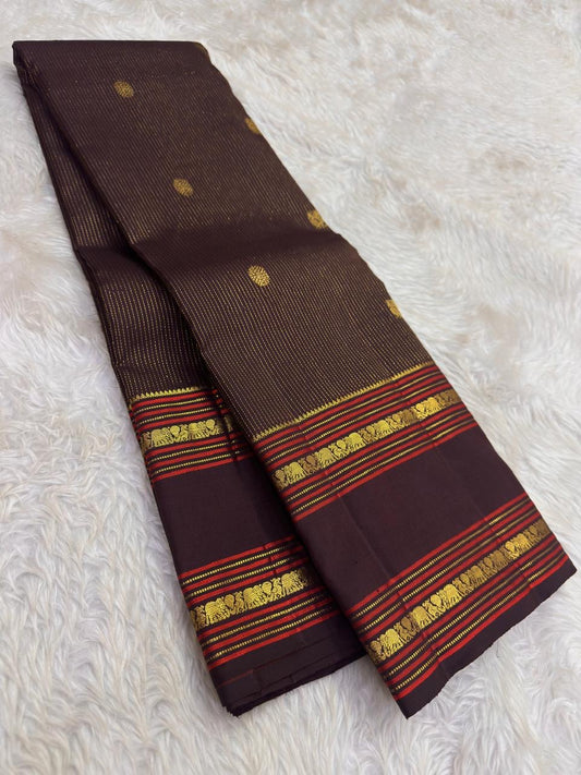 Dark Chocolate Brown Handwoven Pure Silk Kanchi Pattu Saree with Vairaoosi Oosivaanam and Silk Thread Yaanai Border