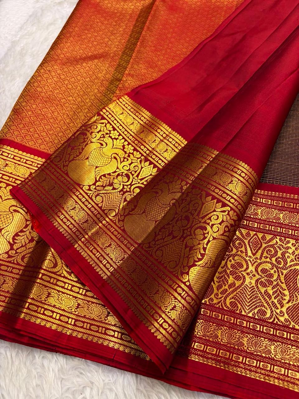 Dark Chocolate Brown and Deep Red Handwoven Pure Silk Kancheepuram Saree with Gandaberunda Mayil Pallu