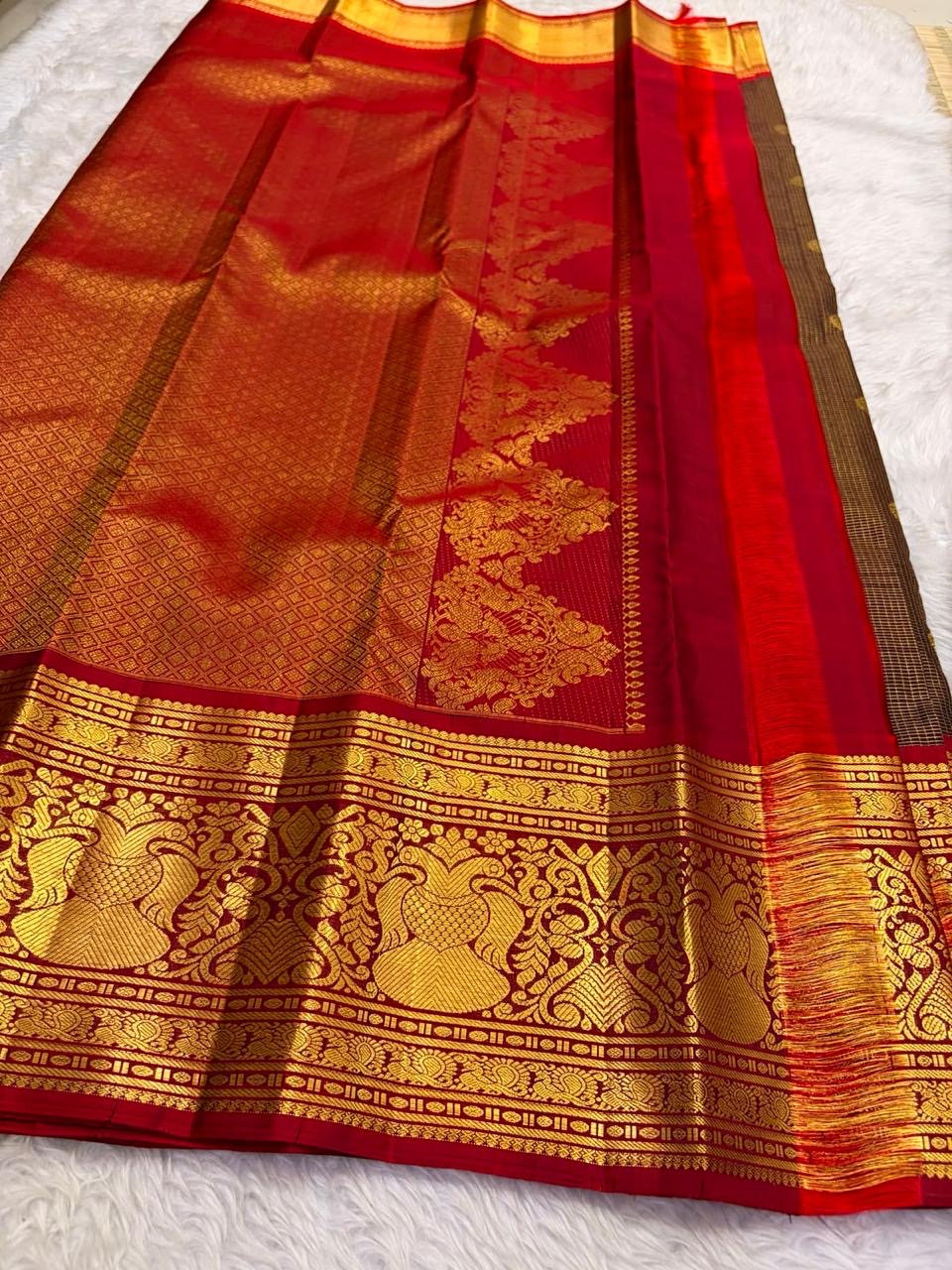 Dark Chocolate Brown and Deep Red Handwoven Pure Silk Kancheepuram Saree with Gandaberunda Mayil Pallu