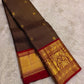 Dark Chocolate Brown and Deep Red Handwoven Pure Silk Kancheepuram Saree with Gandaberunda Mayil Pallu