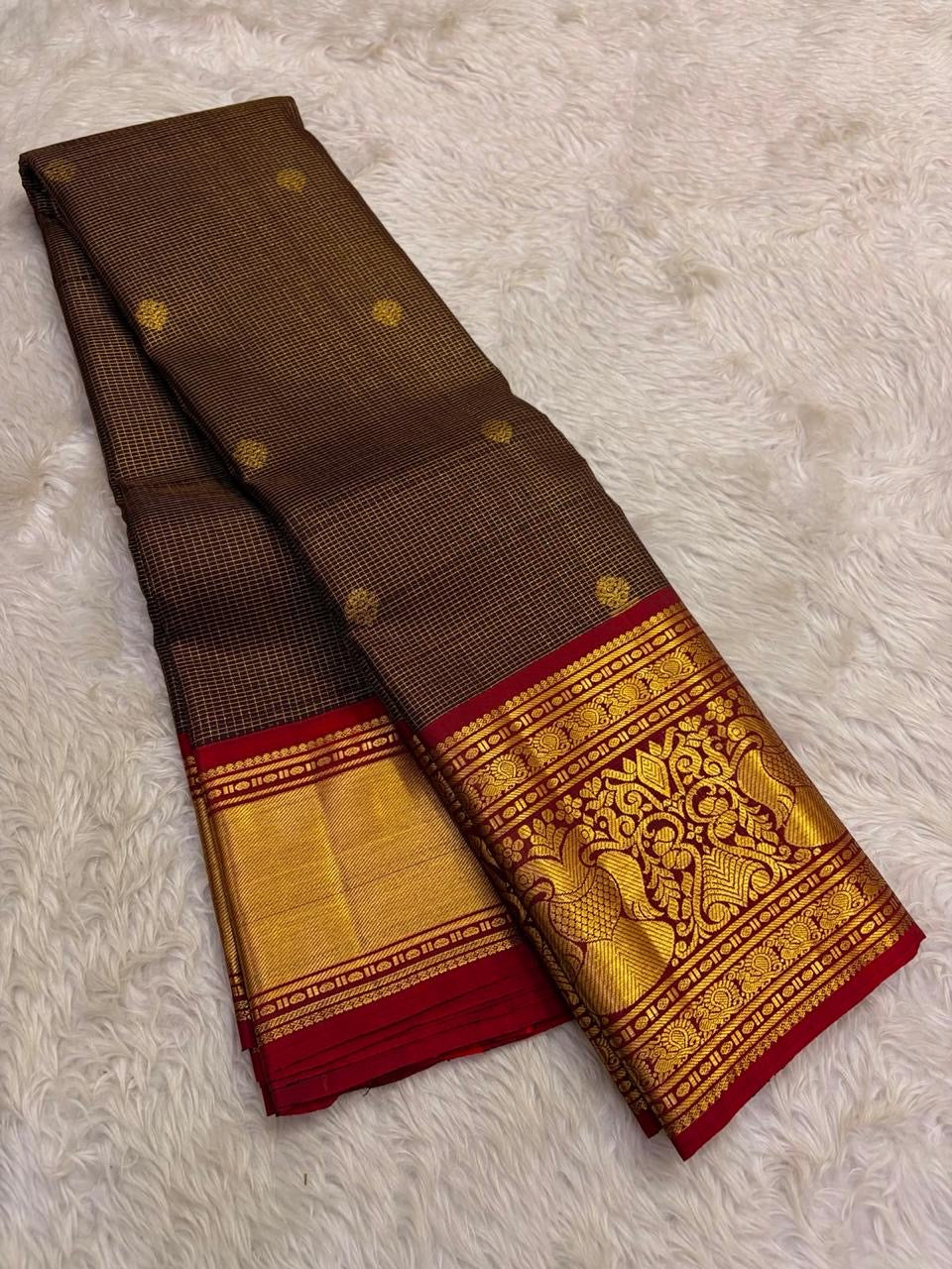 Dark Chocolate Brown and Deep Red Handwoven Pure Silk Kancheepuram Saree with Gandaberunda Mayil Pallu