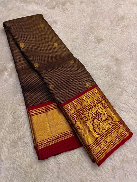 Dark Chocolate Brown and Deep Red Handwoven Pure Silk Kancheepuram Saree with Gandaberunda Mayil Pallu