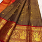 Dark Chocolate Brown and Deep Red Handwoven Pure Silk Kancheepuram Saree with Gandaberunda Mayil Pallu