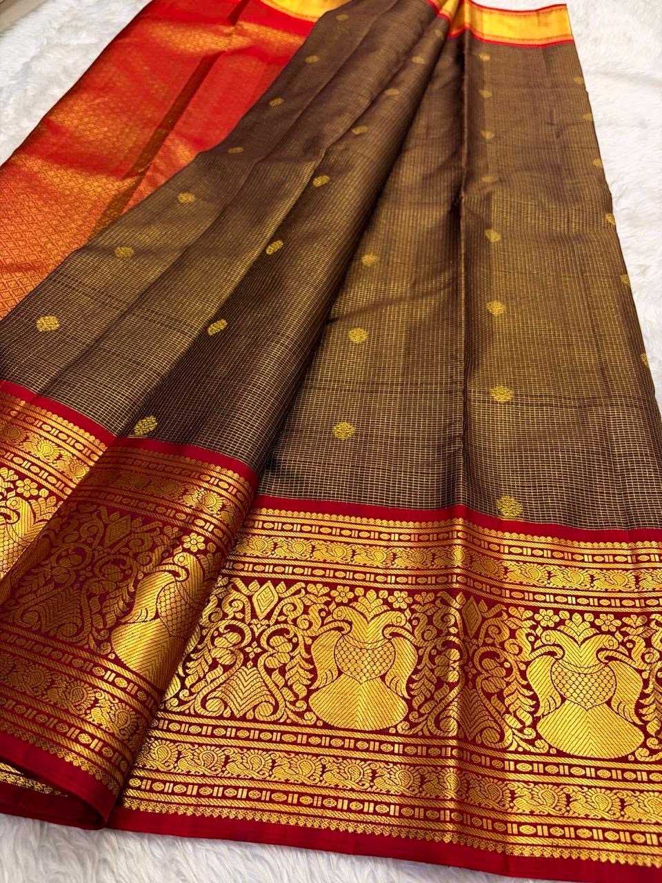 Dark Chocolate Brown and Deep Red Handwoven Pure Silk Kancheepuram Saree with Gandaberunda Mayil Pallu