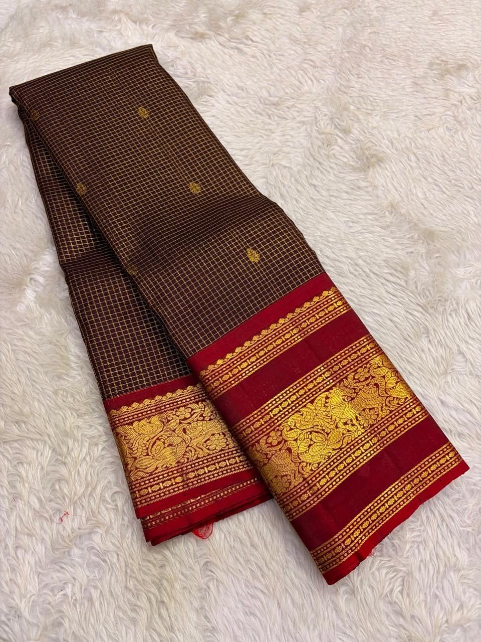 Dark Chocolate Brown and Deep Red Handwoven Pure Silk Kancheepuram Saree with Vanasringaram Mayil Border
