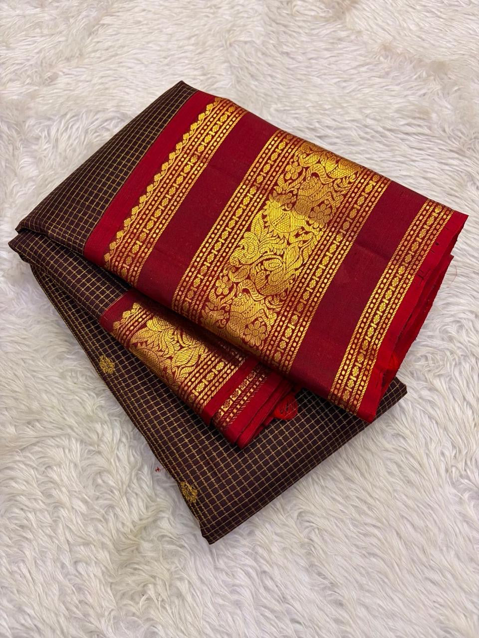 Dark Chocolate Brown and Deep Red Handwoven Pure Silk Kancheepuram Saree with Vanasringaram Mayil Border
