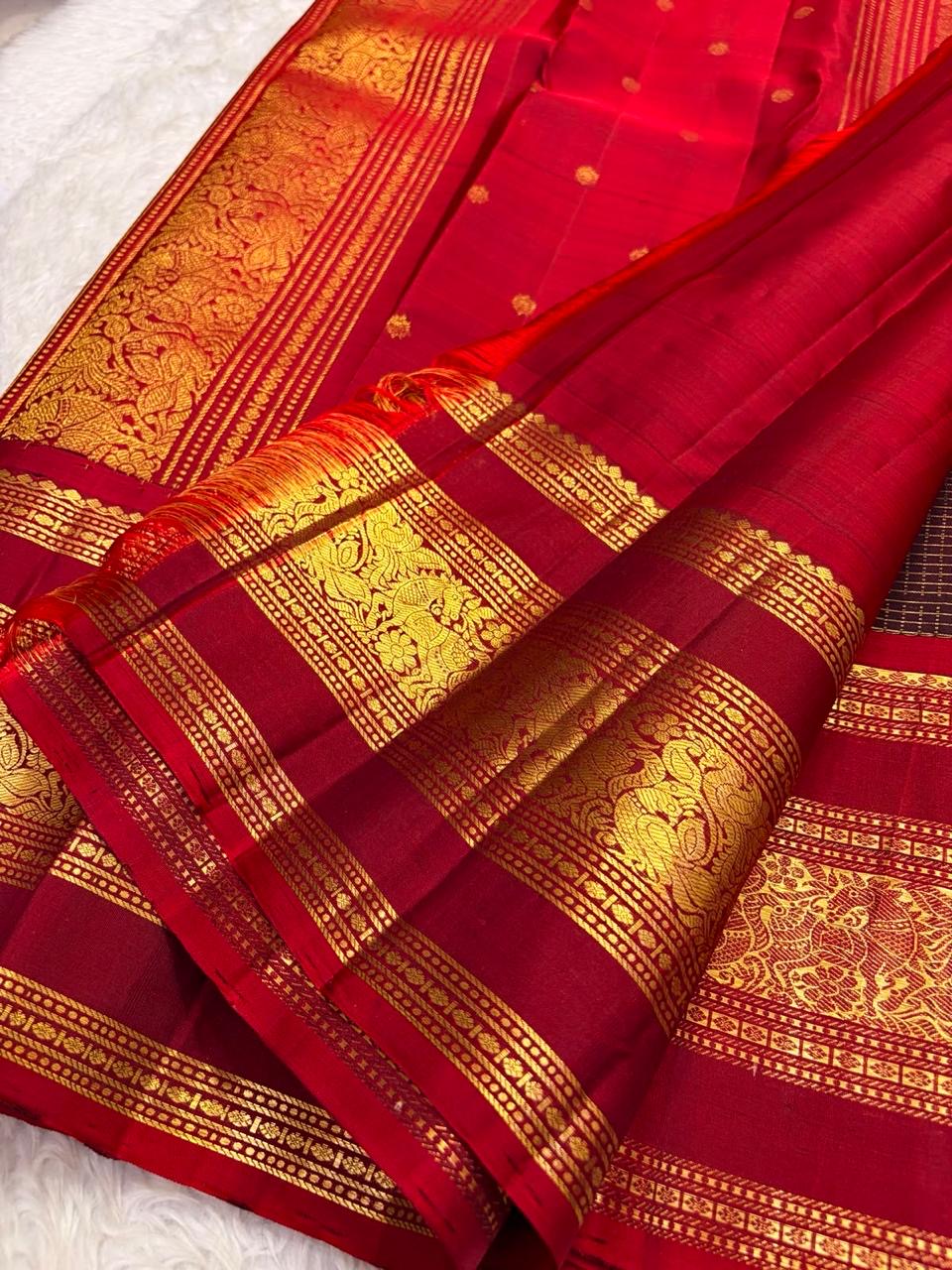 Dark Chocolate Brown and Deep Red Handwoven Pure Silk Kancheepuram Saree with Vanasringaram Mayil Border