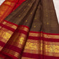 Dark Chocolate Brown and Deep Red Handwoven Pure Silk Kancheepuram Saree with Vanasringaram Mayil Border