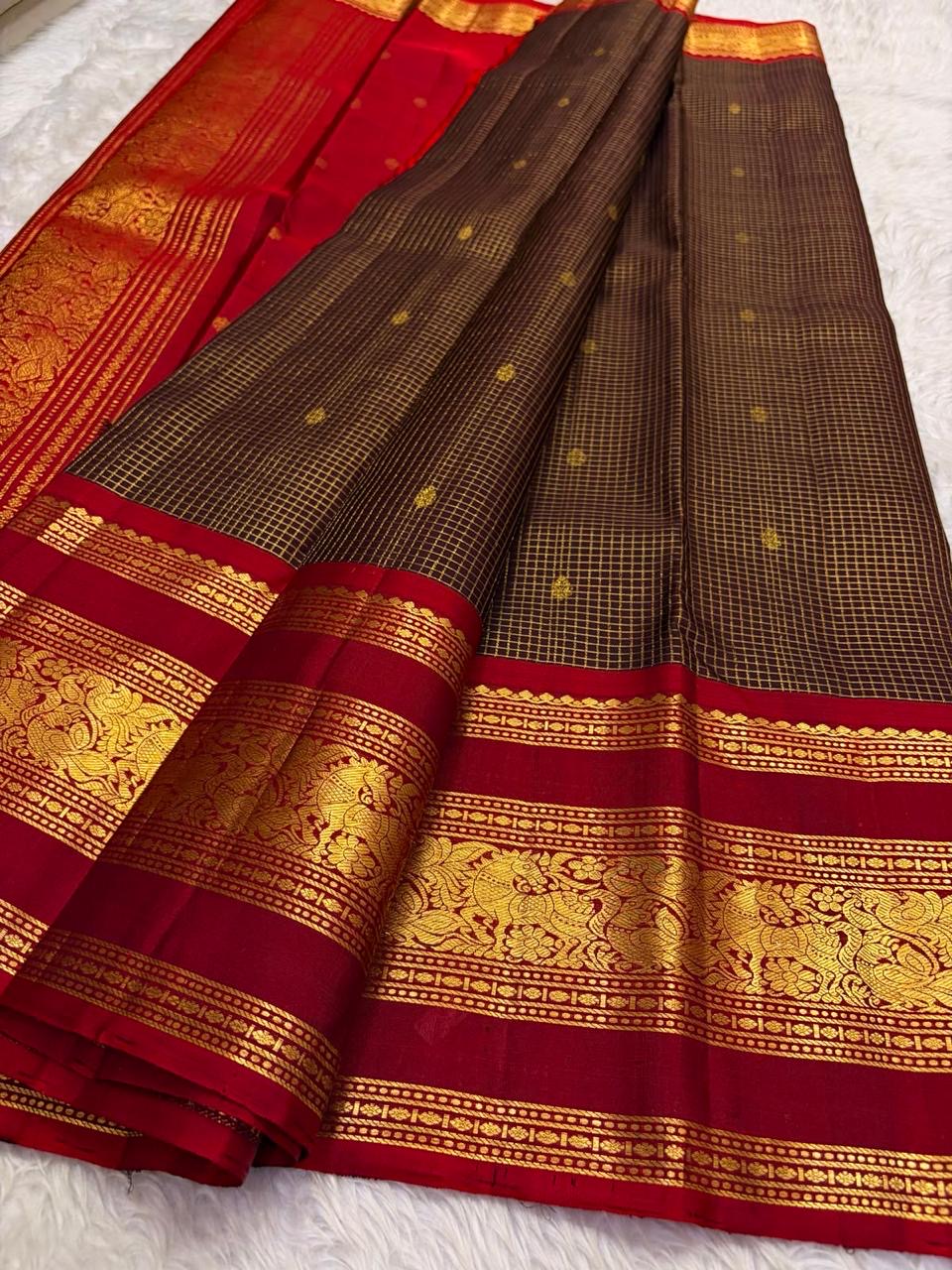 Dark Chocolate Brown and Deep Red Handwoven Pure Silk Kancheepuram Saree with Vanasringaram Mayil Border