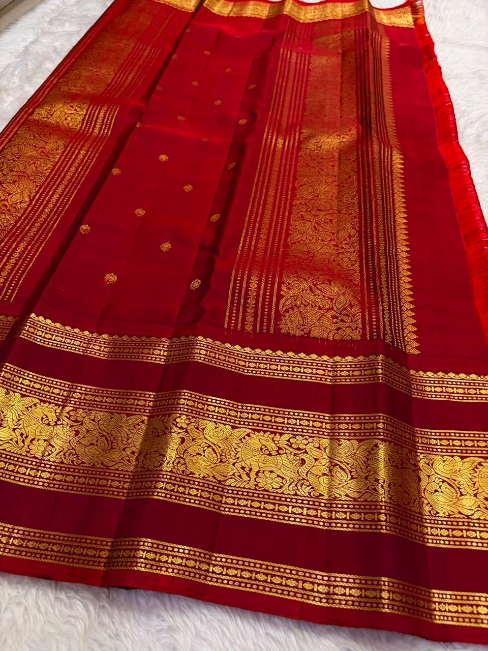 Dark Chocolate Brown and Deep Red Handwoven Pure Silk Kancheepuram Saree with Vanasringaram Mayil Border
