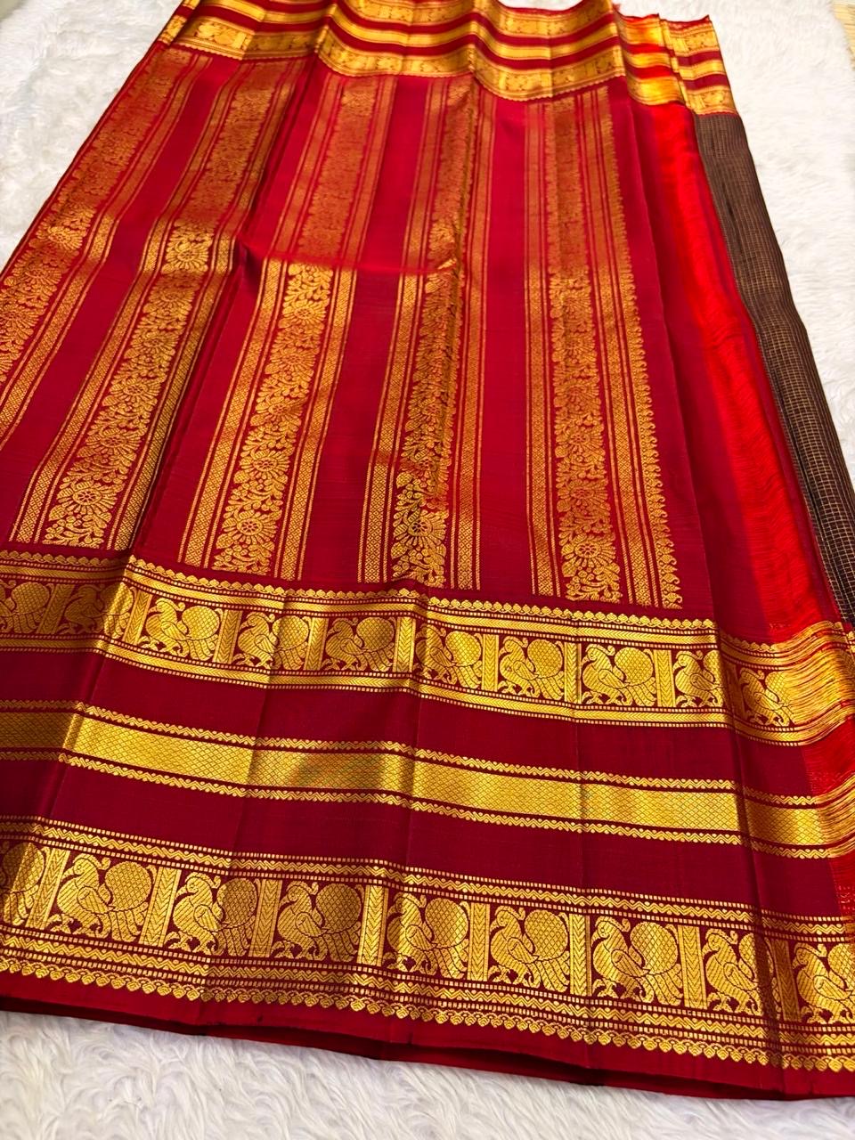 Dark Chocolate Brown and Deep Red Handwoven Pure Silk Kanjeevaram Saree with Yaanai Butta Border