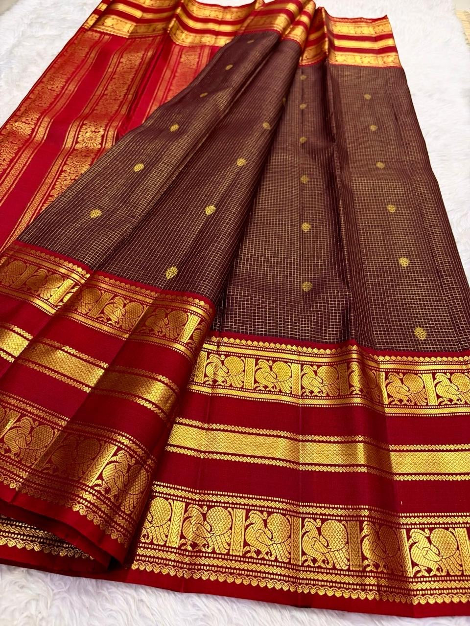 Dark Chocolate Brown and Deep Red Handwoven Pure Silk Kanjeevaram Saree with Yaanai Butta Border