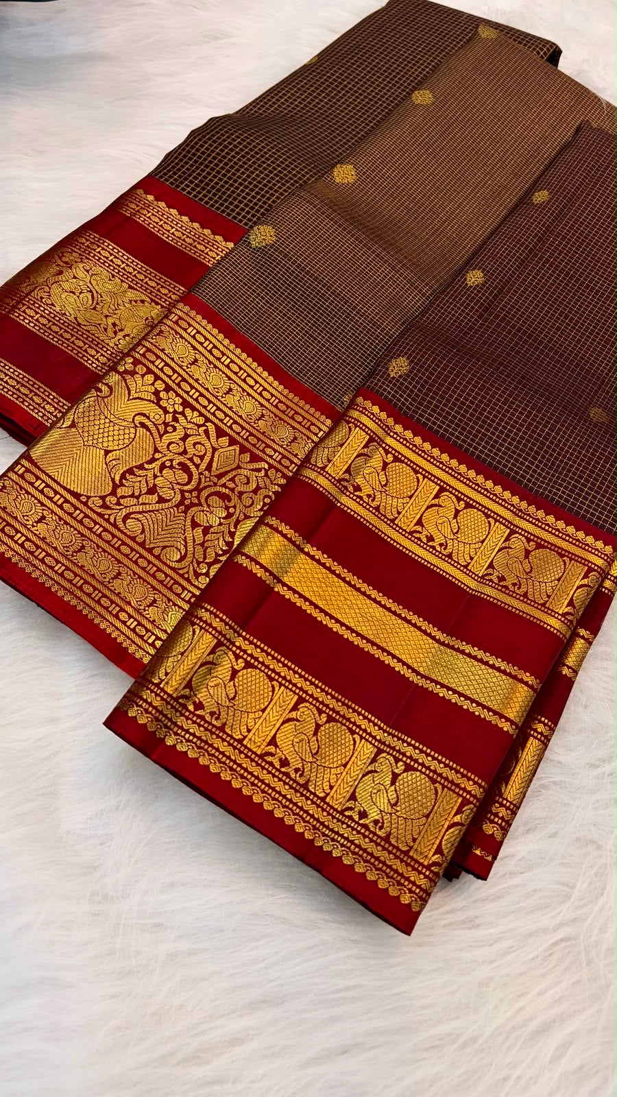 Dark Chocolate Brown and Deep Red Handwoven Pure Silk Kanjeevaram Saree with Yaanai Butta Border