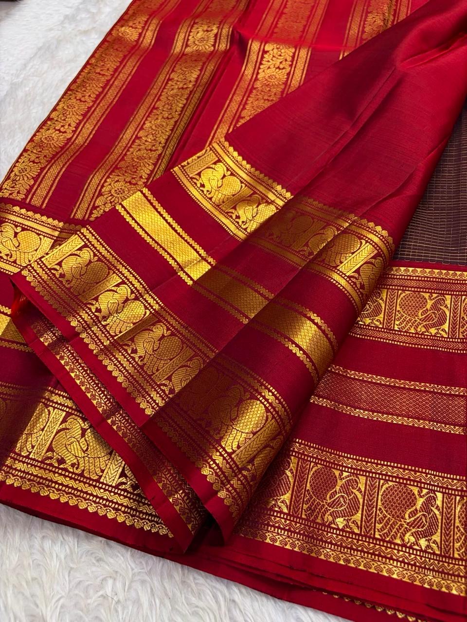 Dark Chocolate Brown and Deep Red Handwoven Pure Silk Kanjeevaram Saree with Yaanai Butta Border