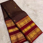 Dark Chocolate Brown and Deep Red Handwoven Pure Silk Kanjeevaram Saree with Yaanai Butta Border