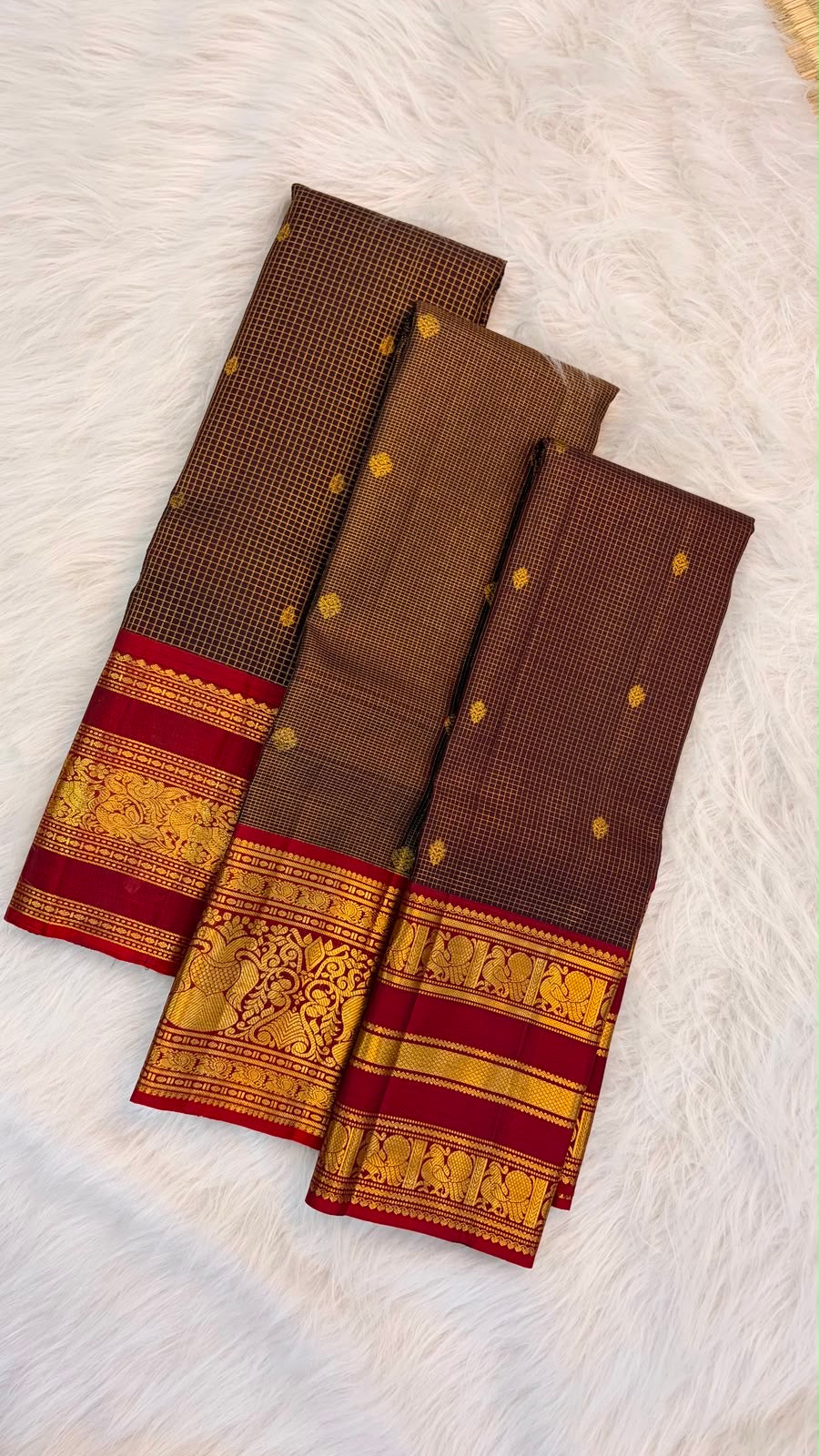 Dark Chocolate Brown and Deep Red Handwoven Pure Silk Kanjeevaram Saree with Yaanai Butta Border