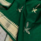 Dark Green Banarasi Silk Saree with Kadwa Floral Motifs and Antique Gold Zari Border