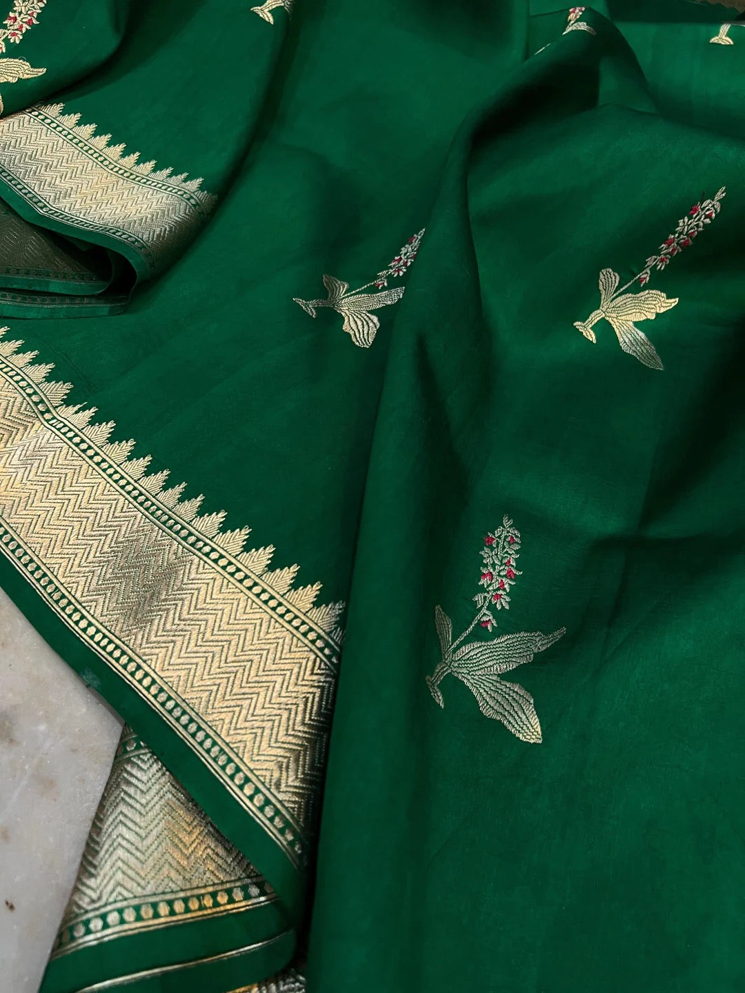 Dark Green Banarasi Silk Saree with Kadwa Floral Motifs and Antique Gold Zari Border