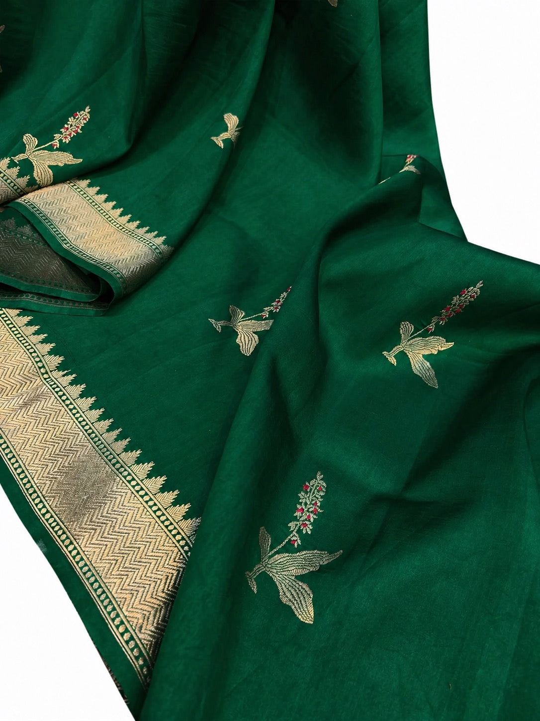 Dark Green Banarasi Silk Saree with Kadwa Floral Motifs and Antique Gold Zari Border
