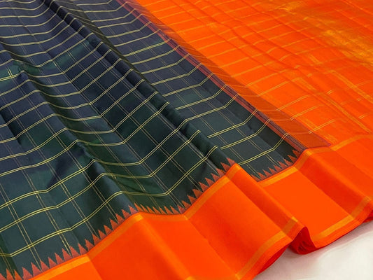 Dark Green Handwoven Pure Silk Kanchipuram Saree with Orange Pillayar Reku Korvai Border