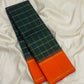 Dark Green Handwoven Pure Silk Kanchipuram Saree with Orange Pillayar Reku Korvai Border