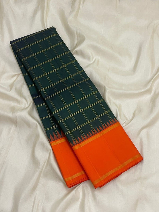 Dark Green Handwoven Pure Silk Kanchipuram Saree with Orange Pillayar Reku Korvai Border