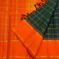 Dark Green Handwoven Pure Silk Kanchipuram Saree with Orange Pillayar Reku Korvai Border