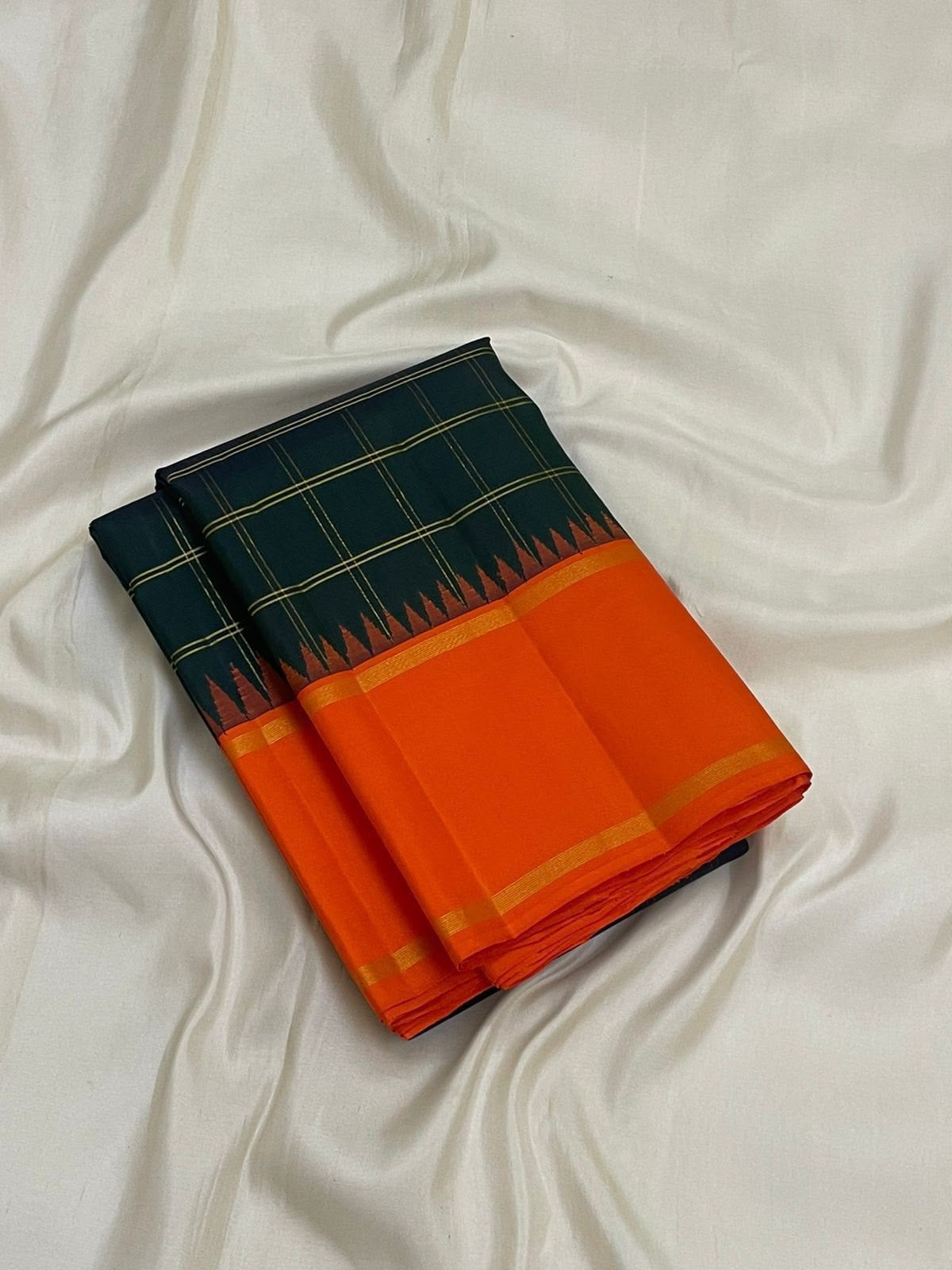 Dark Green Handwoven Pure Silk Kanchipuram Saree with Orange Pillayar Reku Korvai Border