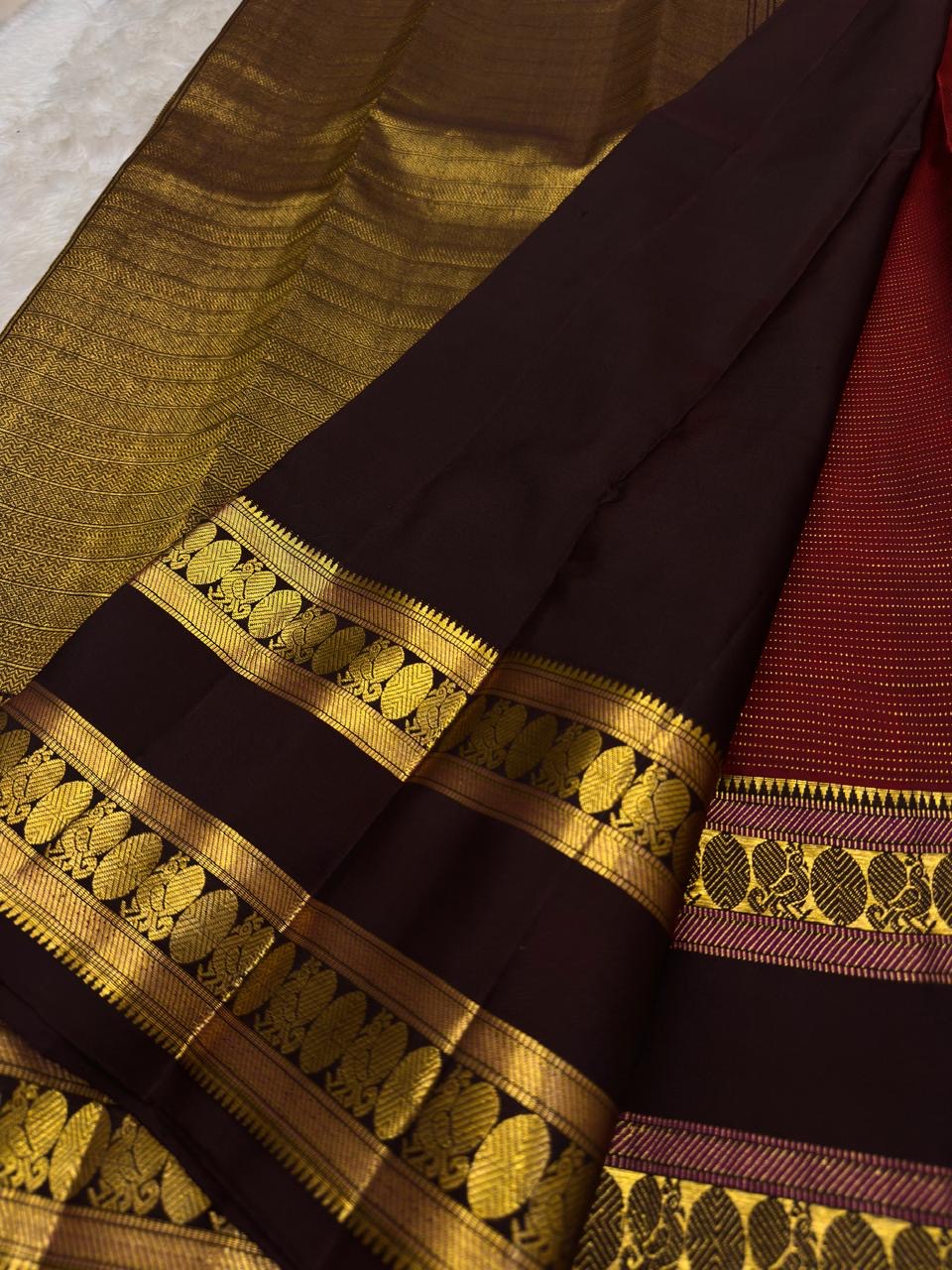 Dark Maroon and Gold Handwoven Pure Silk Kanchi Pattu Saree with Kamalam Butta Jaal and Rettapet Border