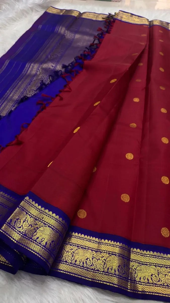 Dark Red Korvai Kanjivaram pure silk saree draped view