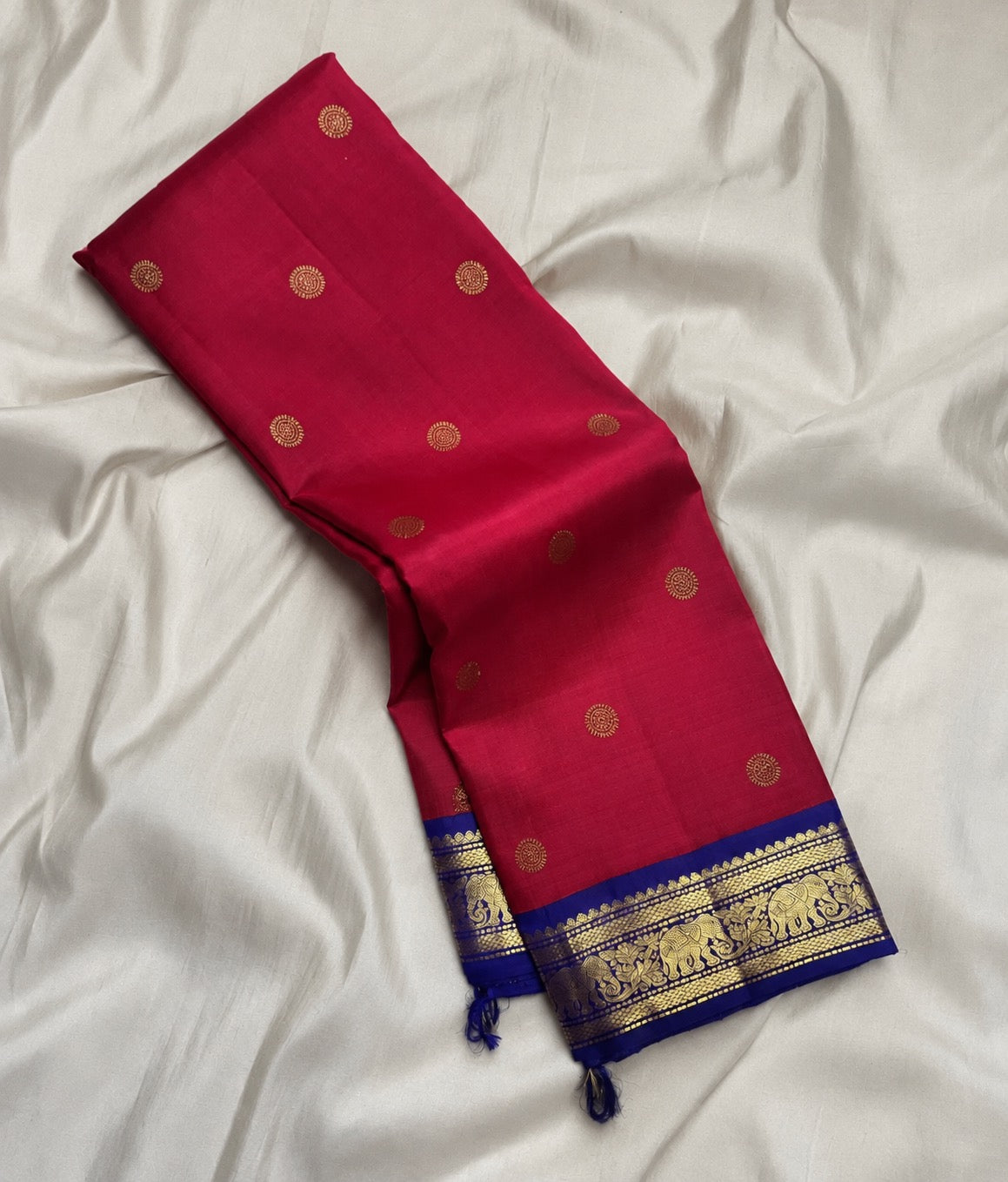 Dark Red and Royal Blue Korvai Kanjivaram pure silk saree full view
