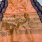 Full Apricot Peach handloom Chanderi saree with floral buttas, Royal Blue border and metallic woven pallu