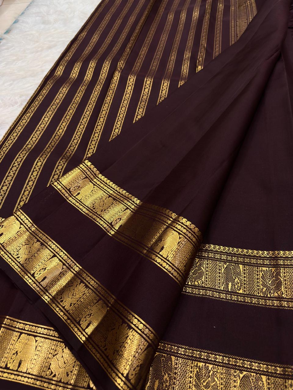 Deep Arakku Handwoven Pure Silk Kanjivaram Rettapet Saree with Yaanai Border – front full drape view