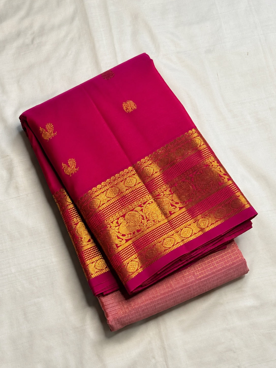 Lotus rose and rani pink butta pure silk Kanjeevaram saree with gold elephant border – view 4