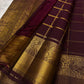 Deep Aubergine Pure Silk Kanchipuram saree with antique gold border detail, close styled shot.