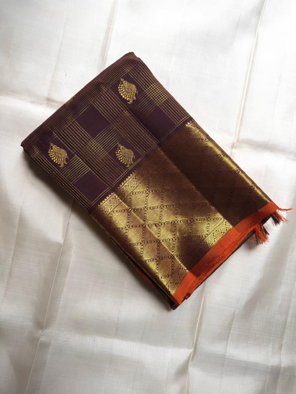 Deep Aubergine Brown Handwoven Pure Silk Kanjipuram Saree with Zari Kattam and Antique Gold Diamond Border
