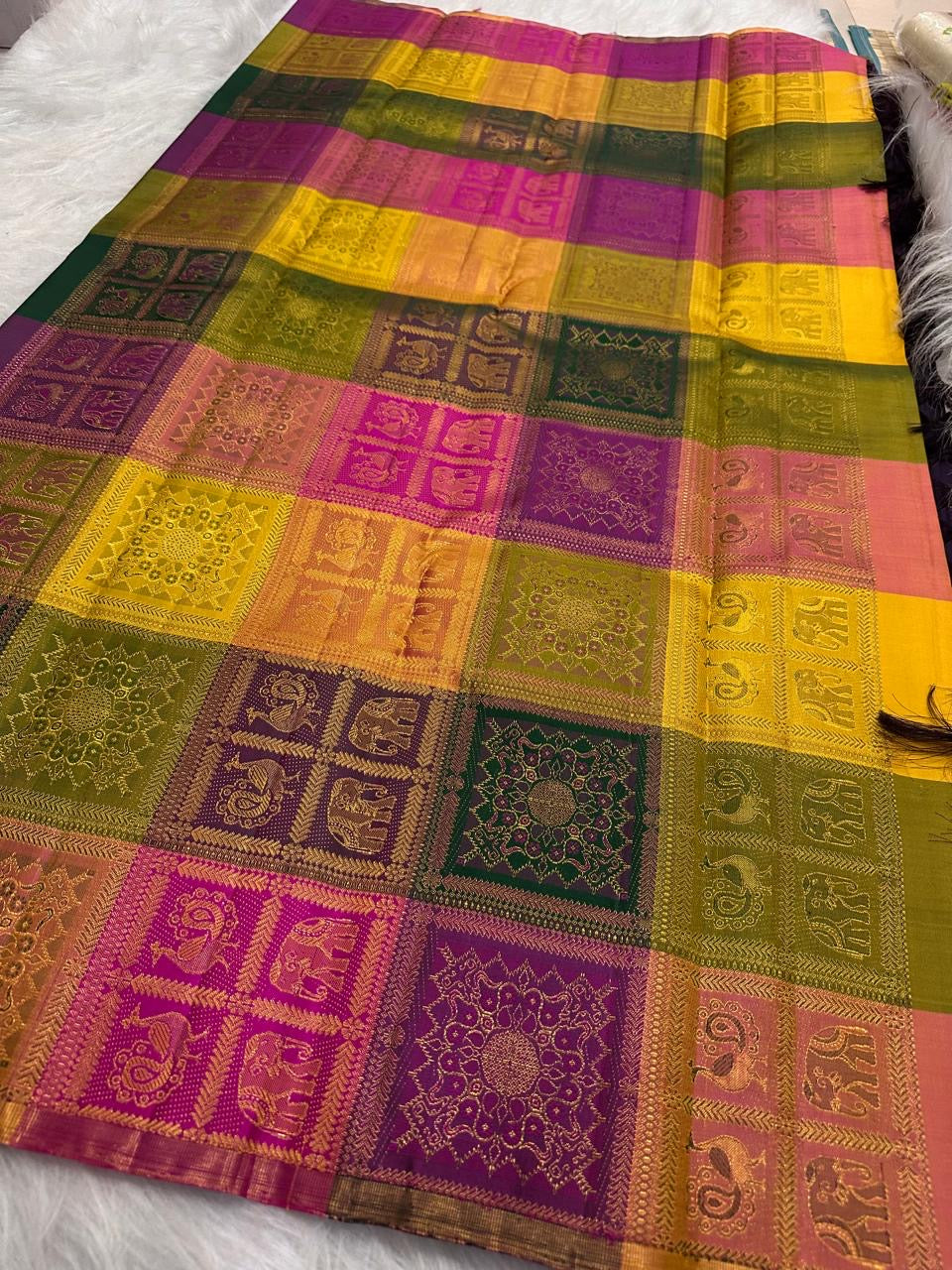 Deep Aubergine Kanjivaram silk saree, body weave texture close-up — Idam Living