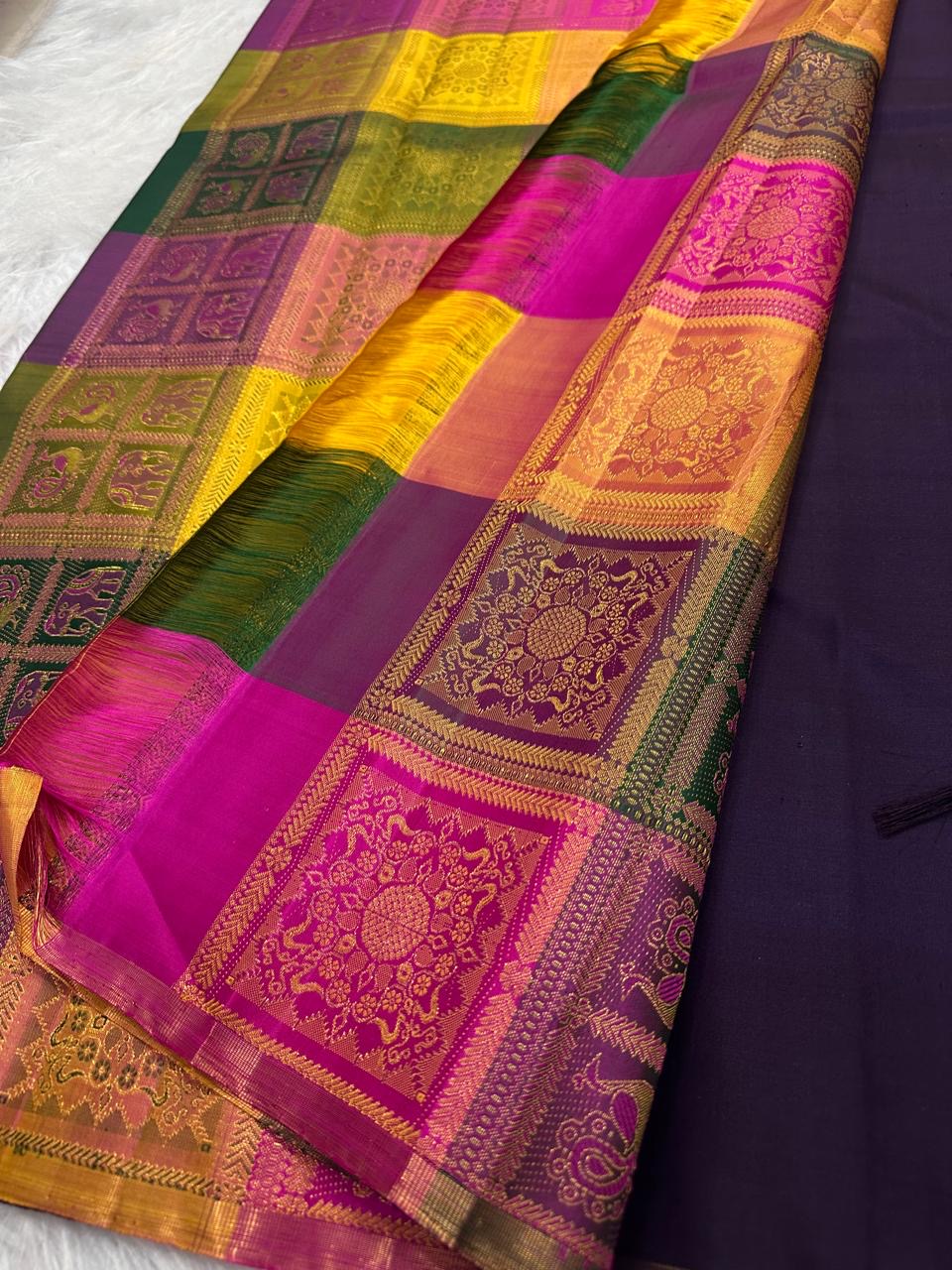 Deep Aubergine Kanjivaram silk saree, pallu detail — Idam Living