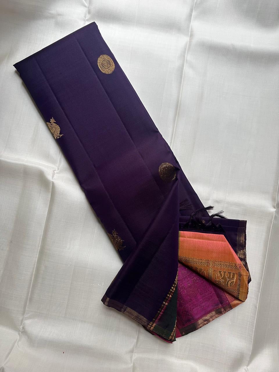 Deep Aubergine Kanjivaram silk saree, border close-up detail — Idam Living