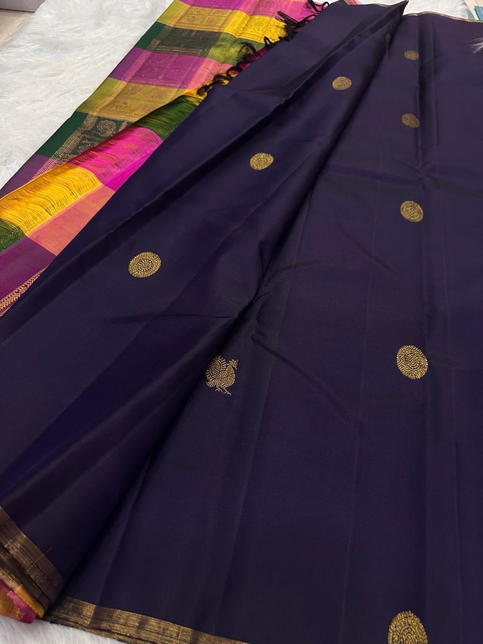 Deep Aubergine Kanjivaram silk saree draped, full length view — Idam Living