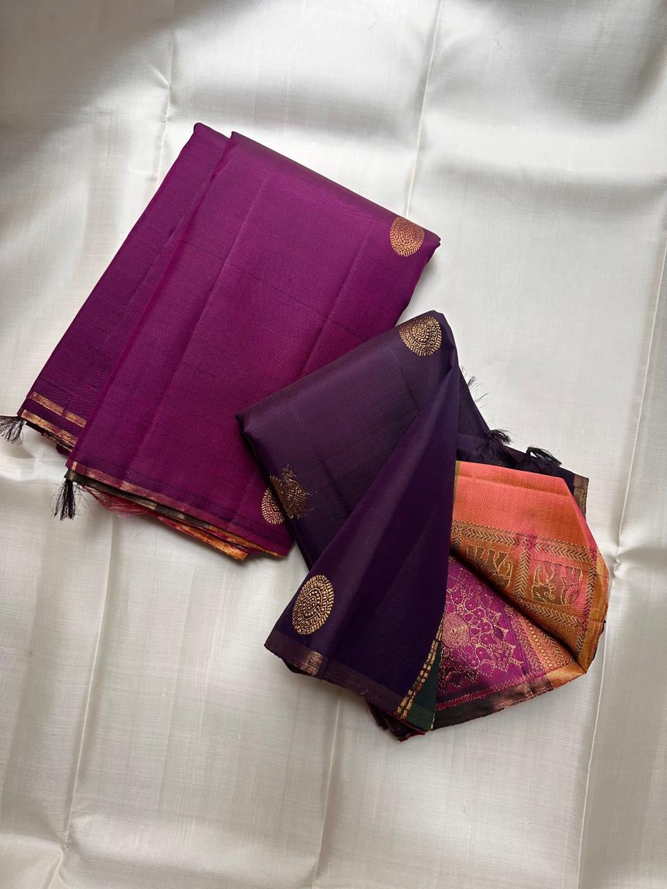 Deep Aubergine Kanjivaram silk saree, gold zari butta motif close-up — Idam Living