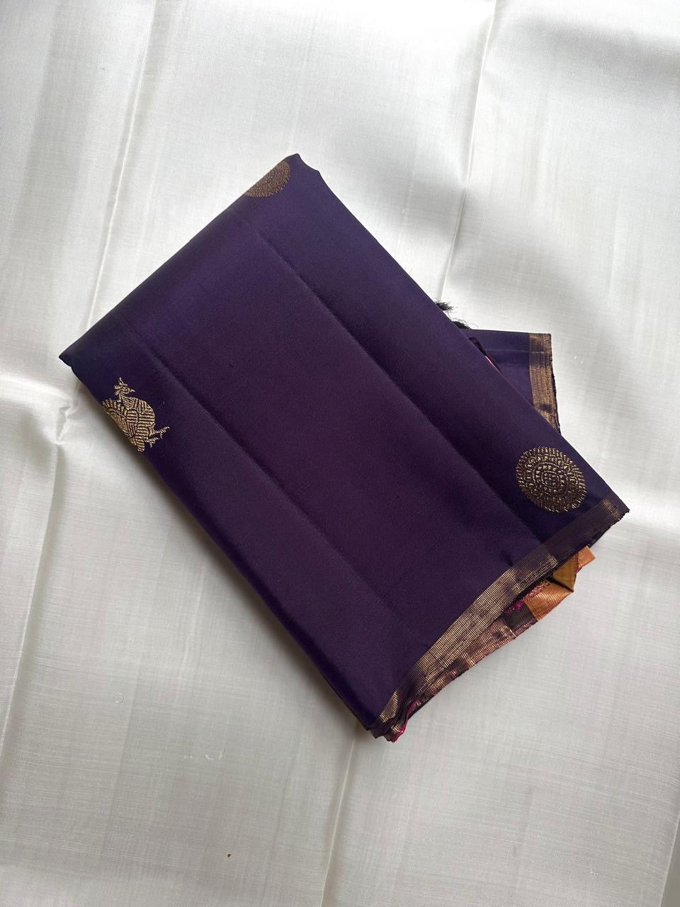 Deep Aubergine Kanjivaram silk saree — full front view, butta weave — Idam Living