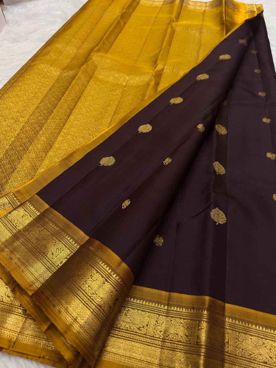 Deep Aubergine Jamun Handwoven Pure Silk KanchiPattu Saree with Petite Zari Buttas and Antique Gold Border