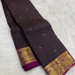 Deep Aubergine Handwoven Pure Silk Kanchipuram Zari Kattam Saree with Magenta Peacock Border – butta motif detail
