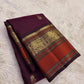 Deep Aubergine Pure Silk Kancheepuram Saree — full saree overview, Korvai weave with peacock motif border — Idam Living