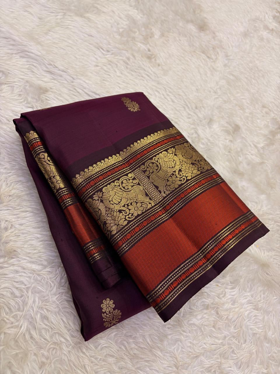 Deep Aubergine Pure Silk Kancheepuram Saree — full saree overview, Korvai weave with peacock motif border — Idam Living