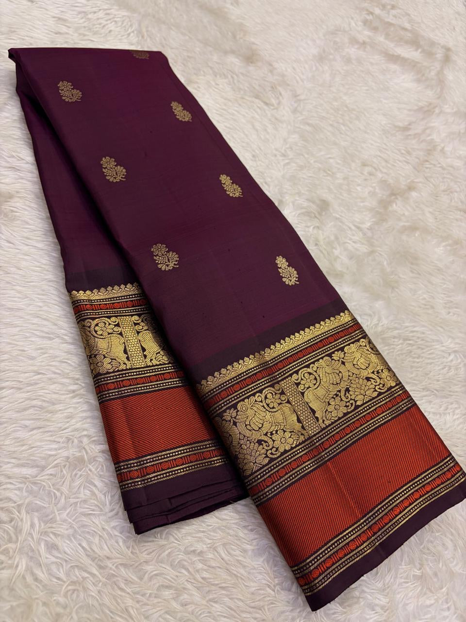 Deep Aubergine Kancheepuram Saree — full drape, pure silk Kanchipuram handwoven — Idam Living