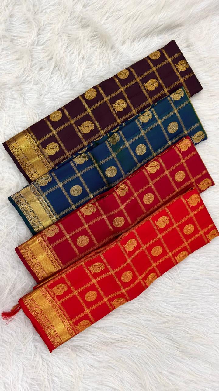 Deep aubergine Kanchipuram silk saree, Zari Kattam grid detail
