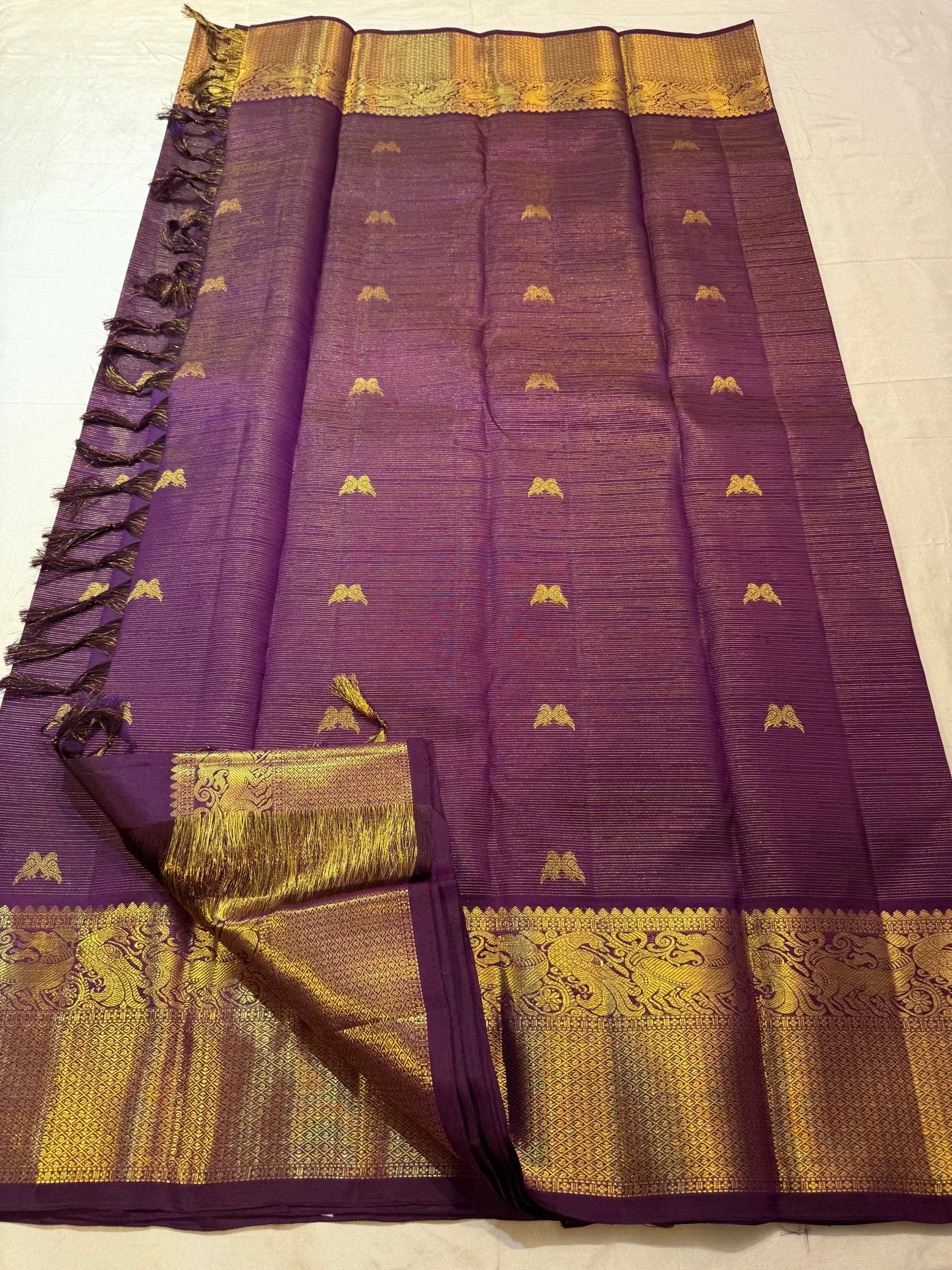 Royal Violet Handwoven Pure Silk Kanjeevaram Vairaoosi Saree with Gold Zari Buttas